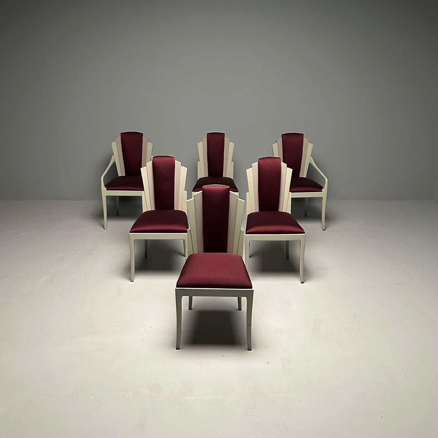 Américain Vladimir Kagan, mi-siècle moderne, six chaises de salle à manger Eva, laque, tissu marron en vente