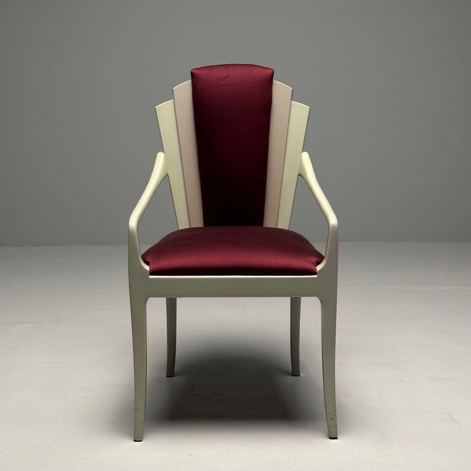 Milieu du XXe siècle Vladimir Kagan, mi-siècle moderne, six chaises de salle à manger Eva, laque, tissu marron en vente