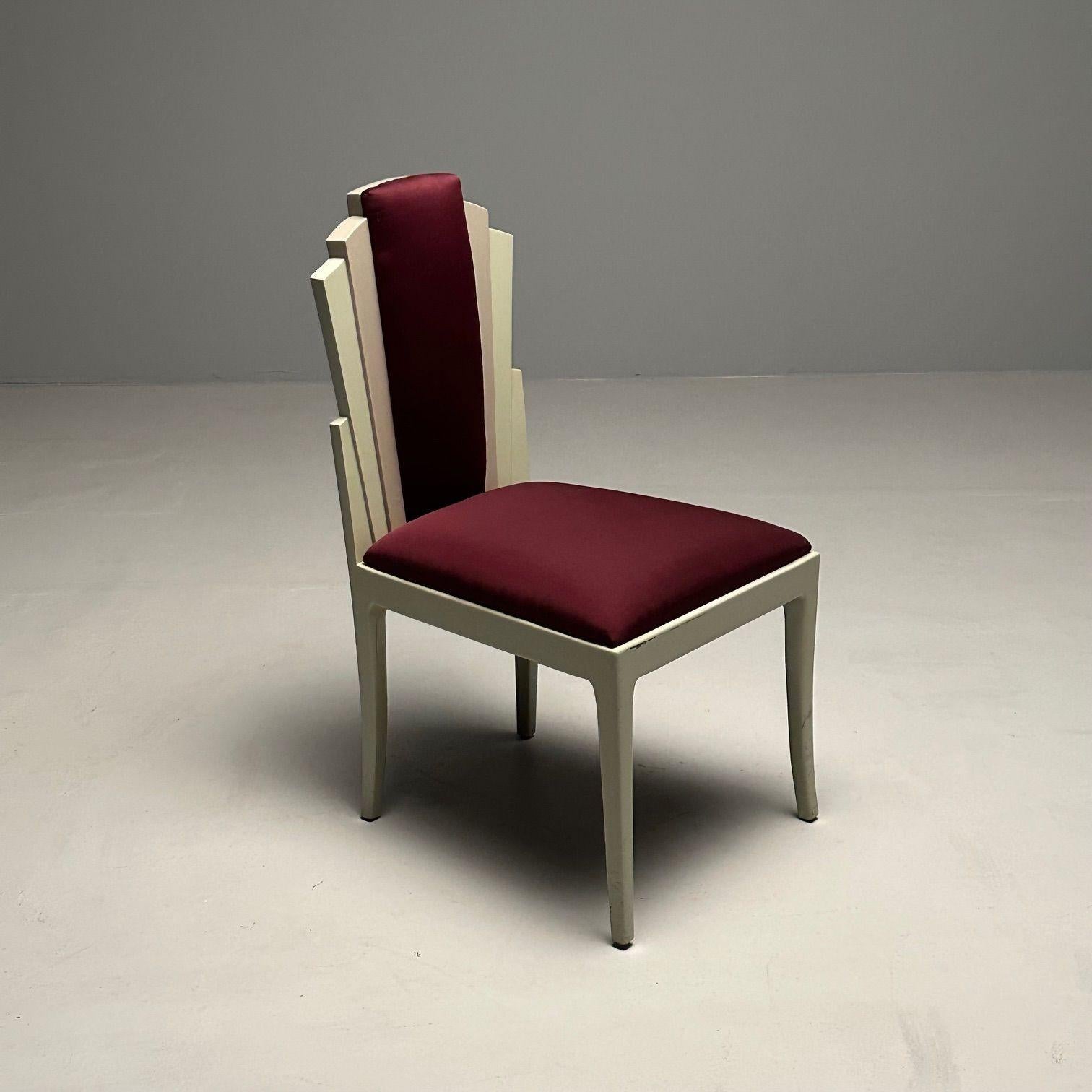Tissu Vladimir Kagan, mi-siècle moderne, six chaises de salle à manger Eva, laque, tissu marron en vente