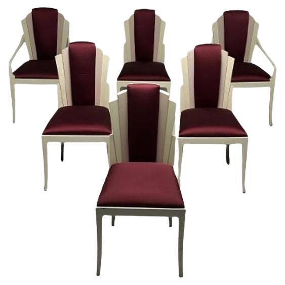 Vladimir Kagan Mid-Century Modern, Six Eva Dining Chairs, Lacquer, Maroon Fabric
