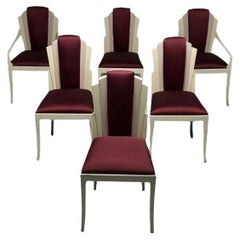 Used Vladimir Kagan Mid-Century Modern, Six Eva Dining Chairs, Lacquer, Maroon Fabric