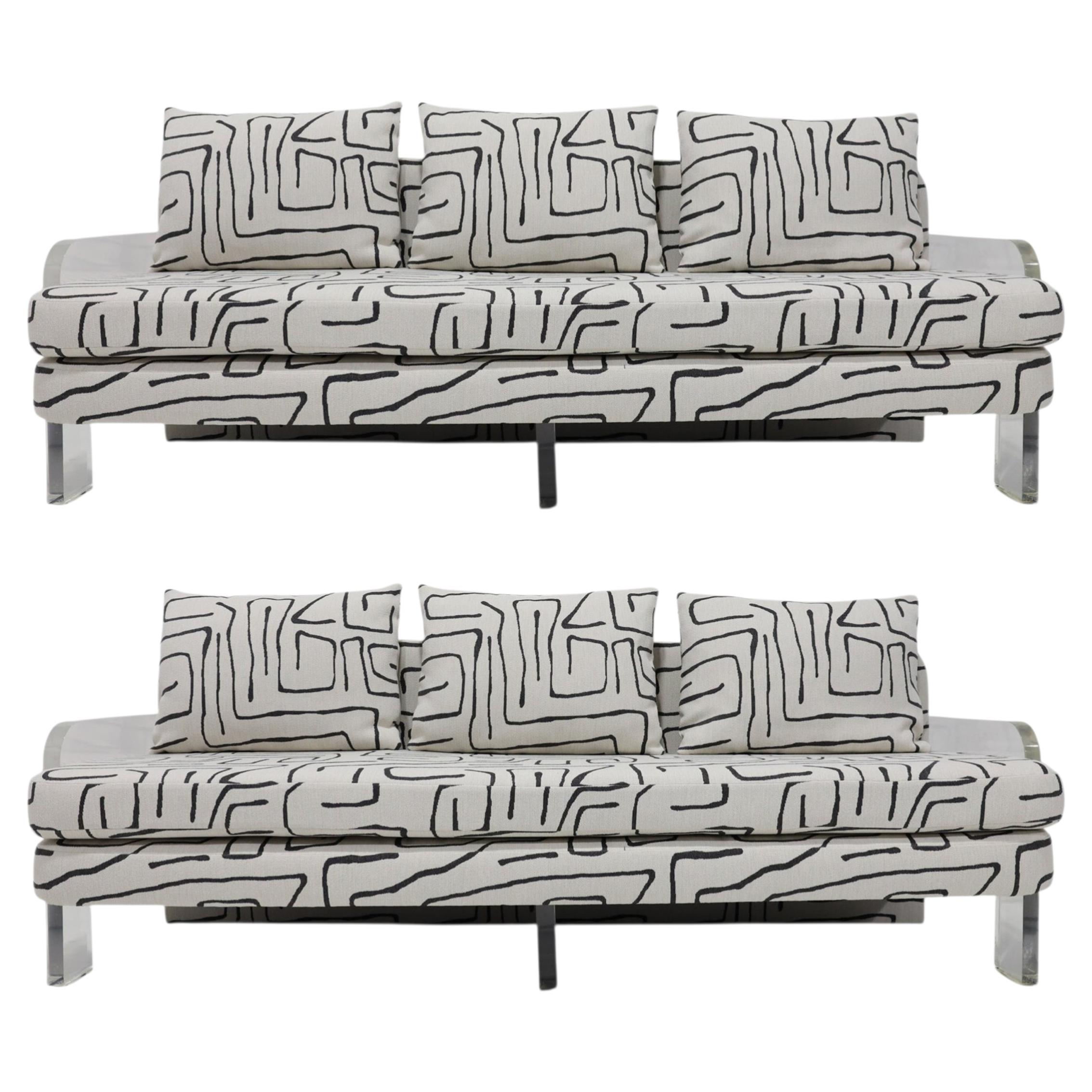 Vladimir Kagan Mid-Century Modern Sofas with Lucite & Brass, 1980s For Sale