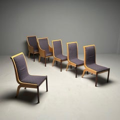 Vladimir Kagan, Mid-Century, Six Dining Chairs, Birdseye Maple, Brass, 1983