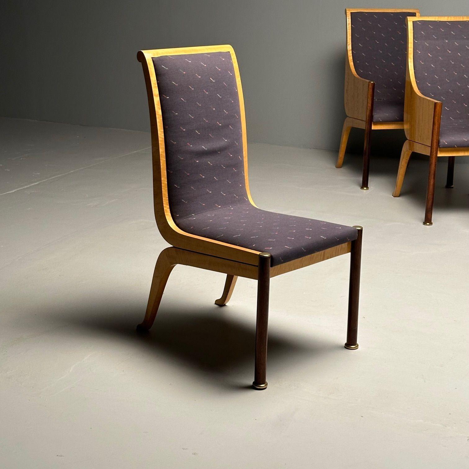 Américain Vladimir Kagan, milieu du siècle, six chaises de salle à manger, érable piqué, laiton, 1983 en vente