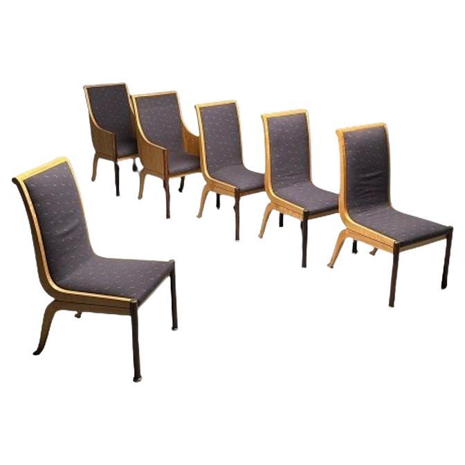 Vladimir Kagan, milieu du siècle, six chaises de salle à manger, érable piqué, laiton, 1983 en vente