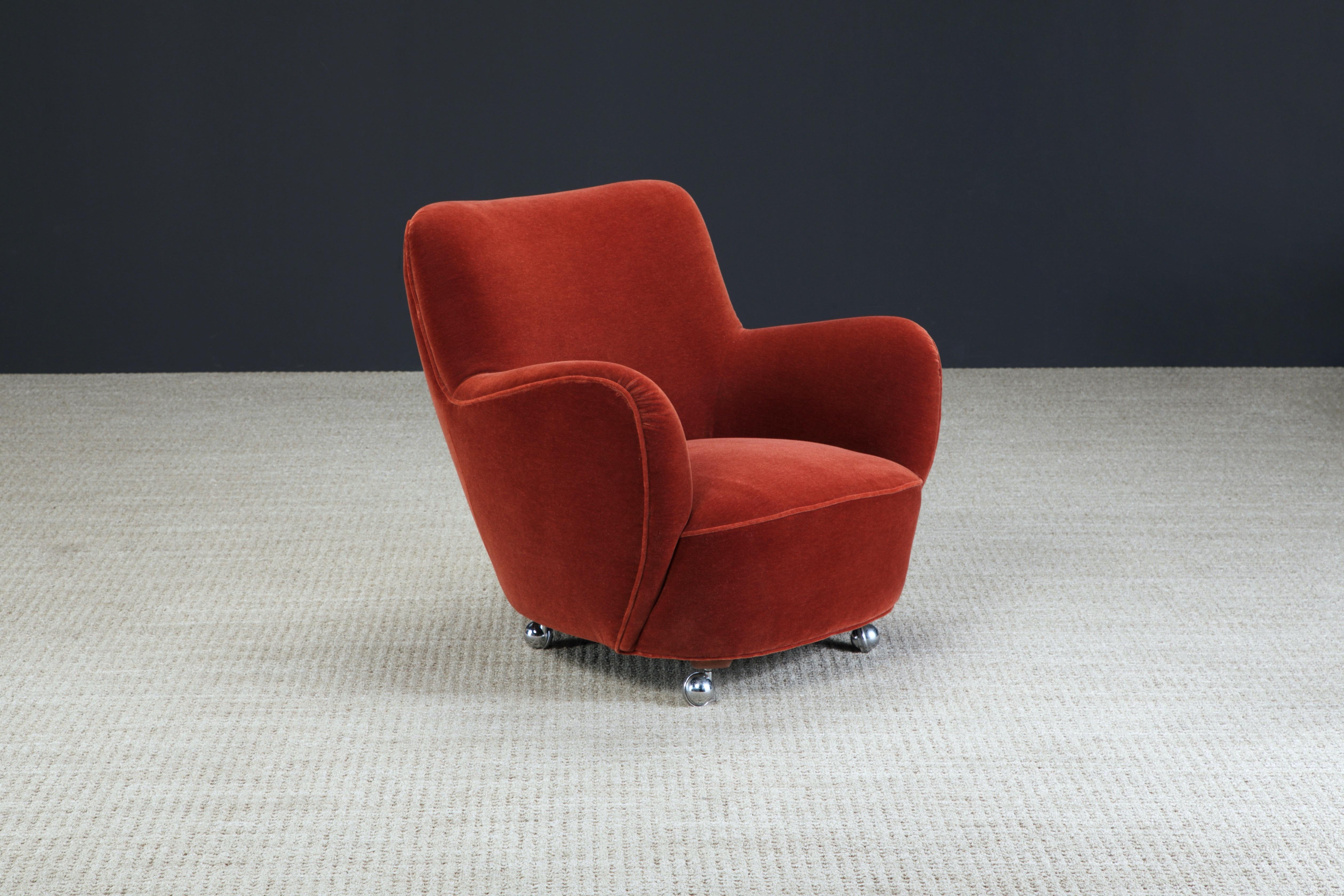 Vladimir Kagan Model #100A Barrel Lounge Chair in Velvet, c. 1973, Signed In Good Condition For Sale In Los Angeles, CA