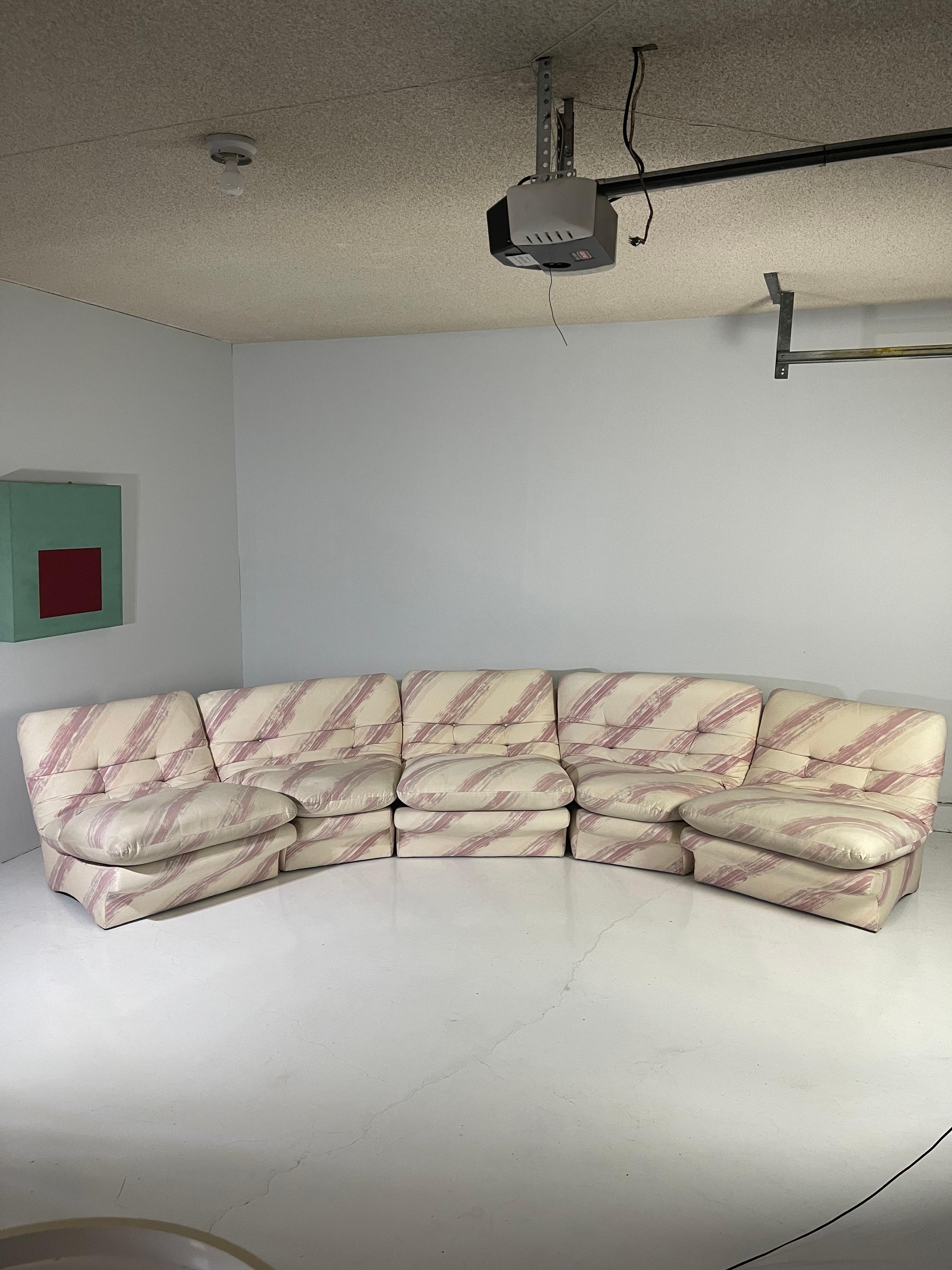 5 Piece modular sectional for Preview, 1980s. 3 straight and 2 curved elements. Sleek and low-profile this modular sectional works great as one piece or broken up into multiple seating arrangements. Removable cushions and covers. 162” corner to
