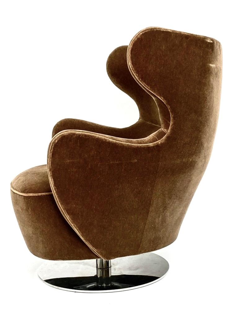 American Vladimir Kagan Mohair Wing Chair 100c-S, Polished Nickel Swivel Base, Holly Hunt For Sale