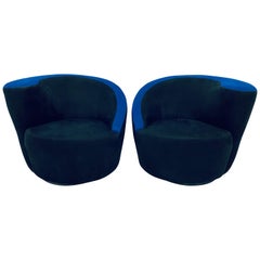 Vladimir Kagan “Nautilus” Black and Blue Ultra Suede Swivel Club Chairs, a Pair