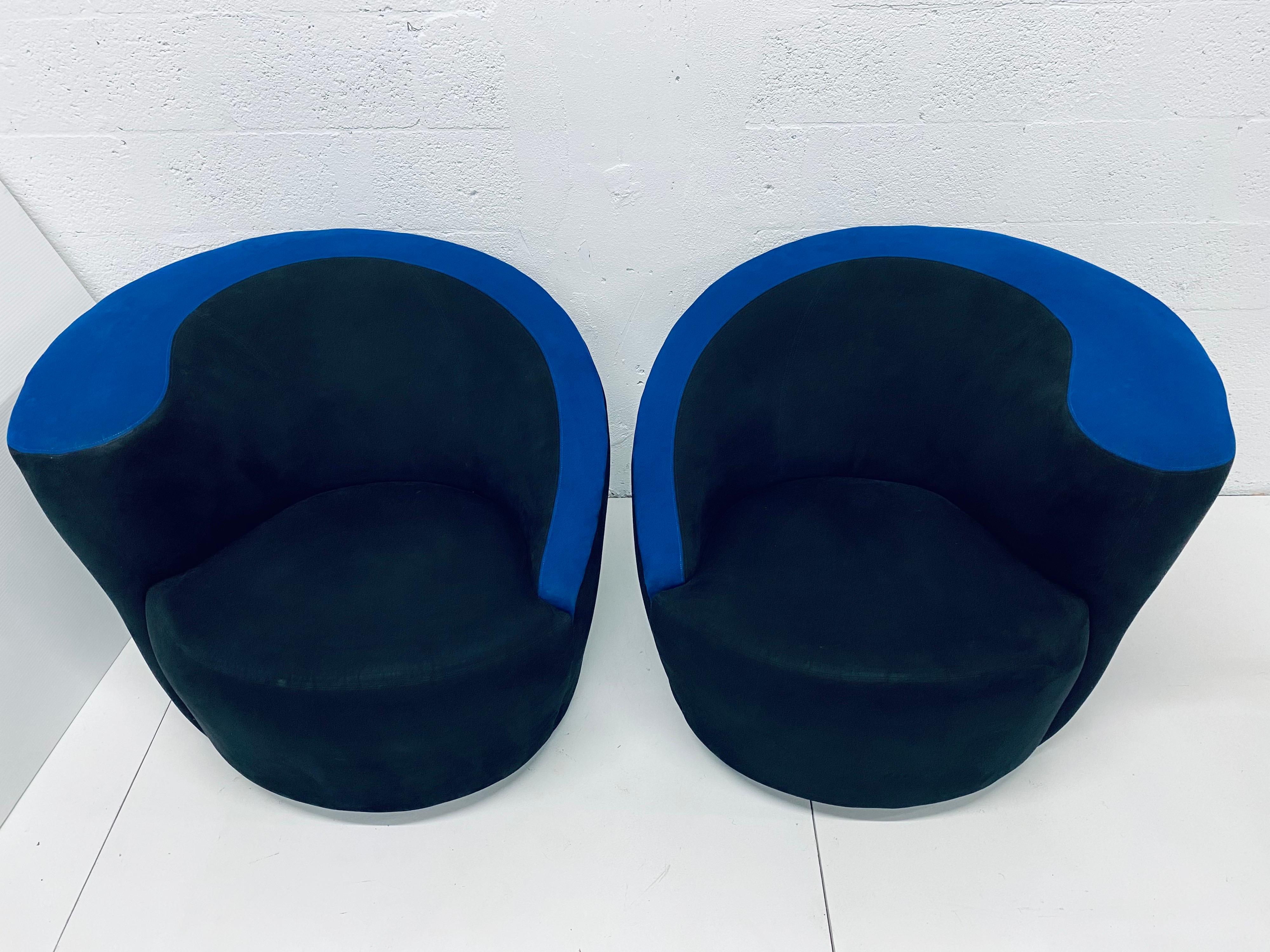 Mid-Century Modern Vladimir Kagan “Nautilus” Black and Blue Ultra Suede Swivel Club Chairs, a Pair