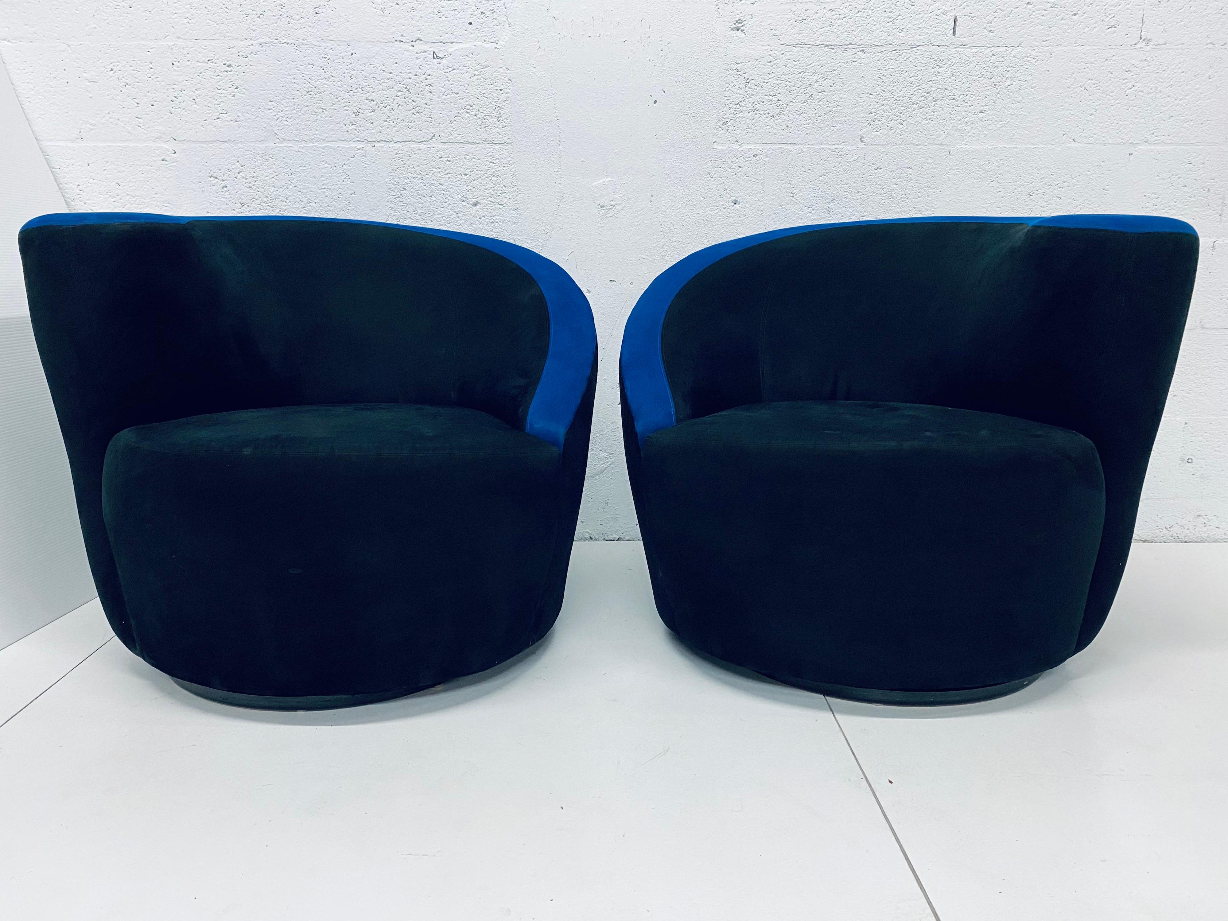 American Vladimir Kagan “Nautilus” Black and Blue Ultra Suede Swivel Club Chairs, a Pair