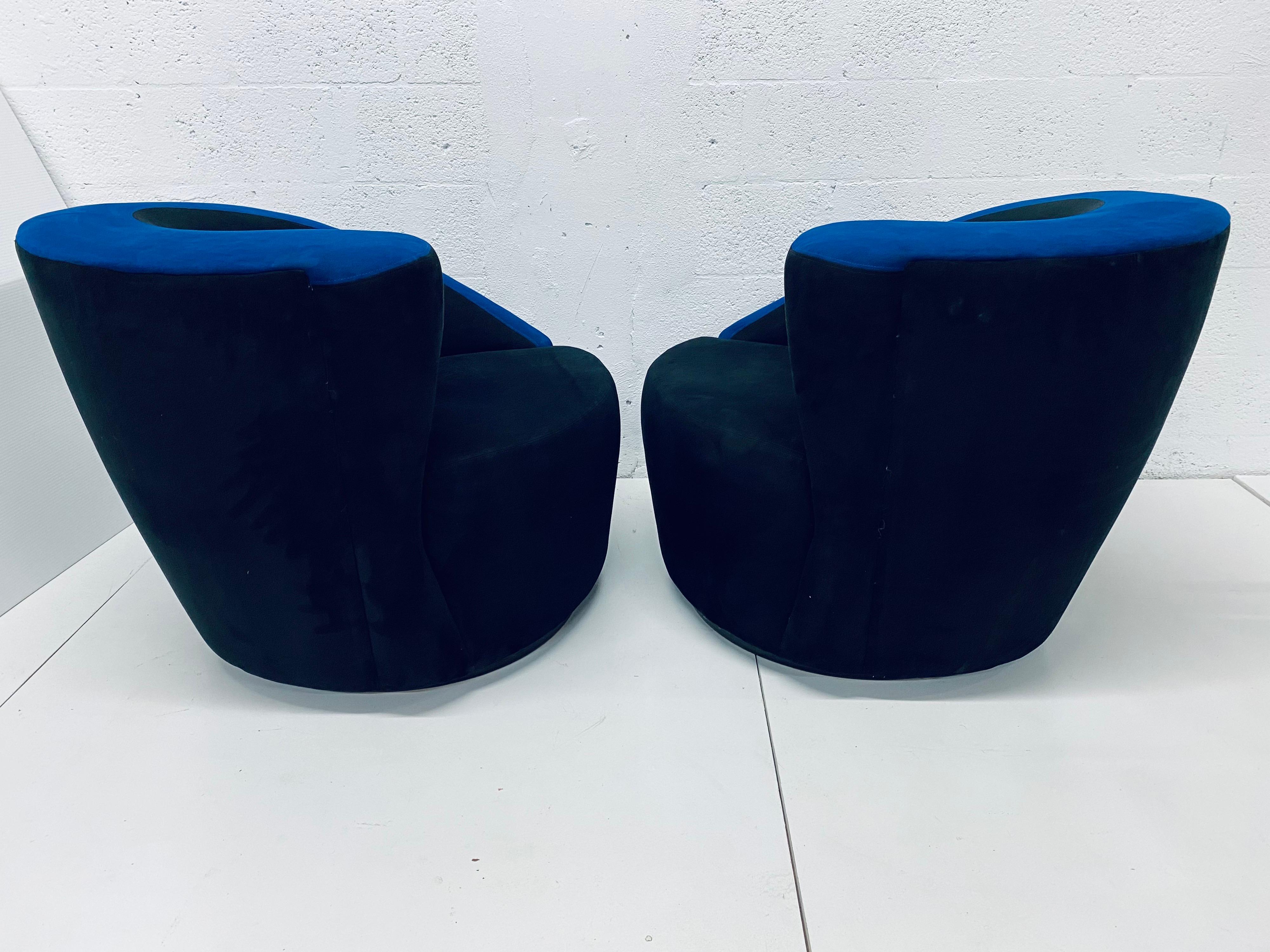 Ultrasuede Vladimir Kagan “Nautilus” Black and Blue Ultra Suede Swivel Club Chairs, a Pair