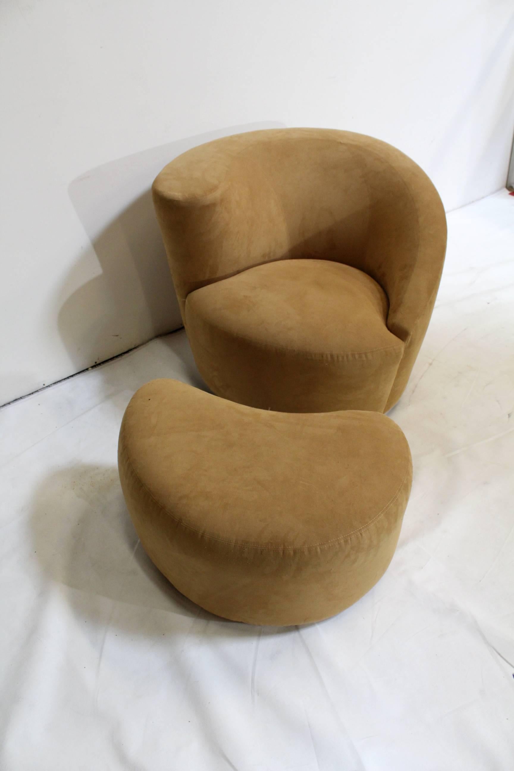 Vladimir Kagan swivel chair and ottoman for Weiman Furniture. Labelled under both, circa early 1990s.

Fabric has pilling, scratches, small stains and a tiny hole in the ottoman (all pictured). Presents fairly well but priced with re-upholstering