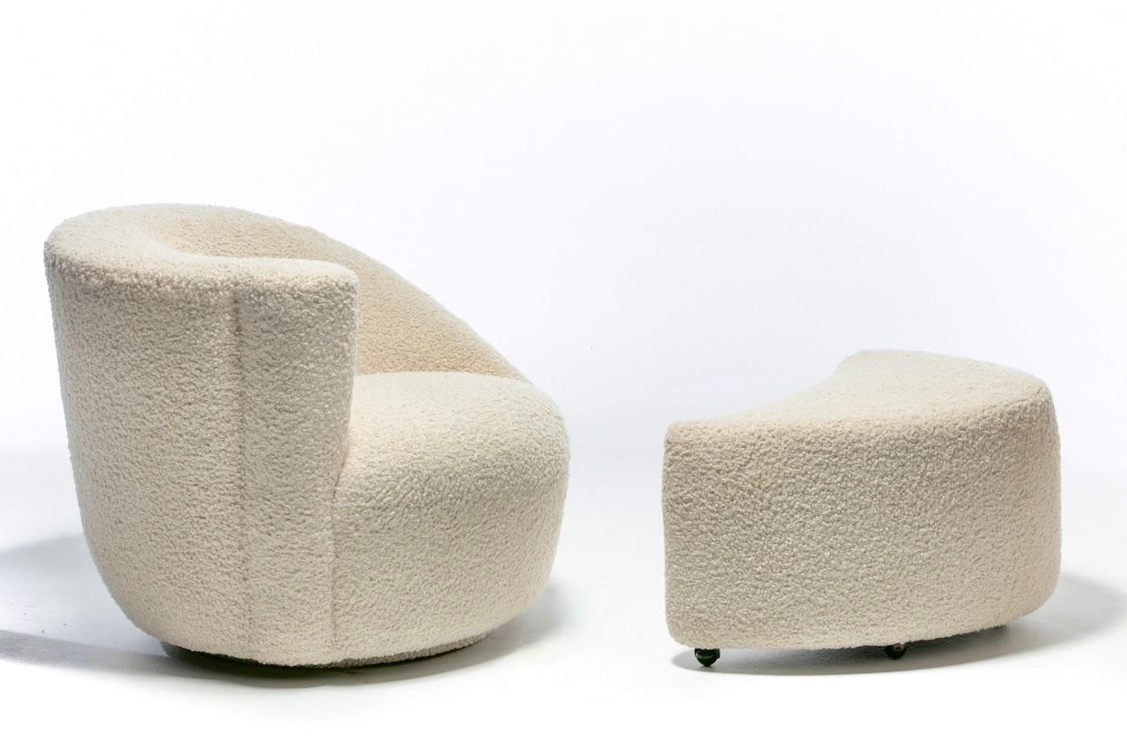 Amongst the most popular Vladimir Kagan designs, this Nautilus swivel lounge chair is sculptural, comfortable and fun, and is shown in fresh ivory bouclé upholstery. The Bouclé is uber luxurious and super soft. The Nautilus chair has a corkscrew