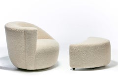 Vladimir Kagan Nautilus Swivel Chair with En Suite Ottoman in Ivory Bouclé