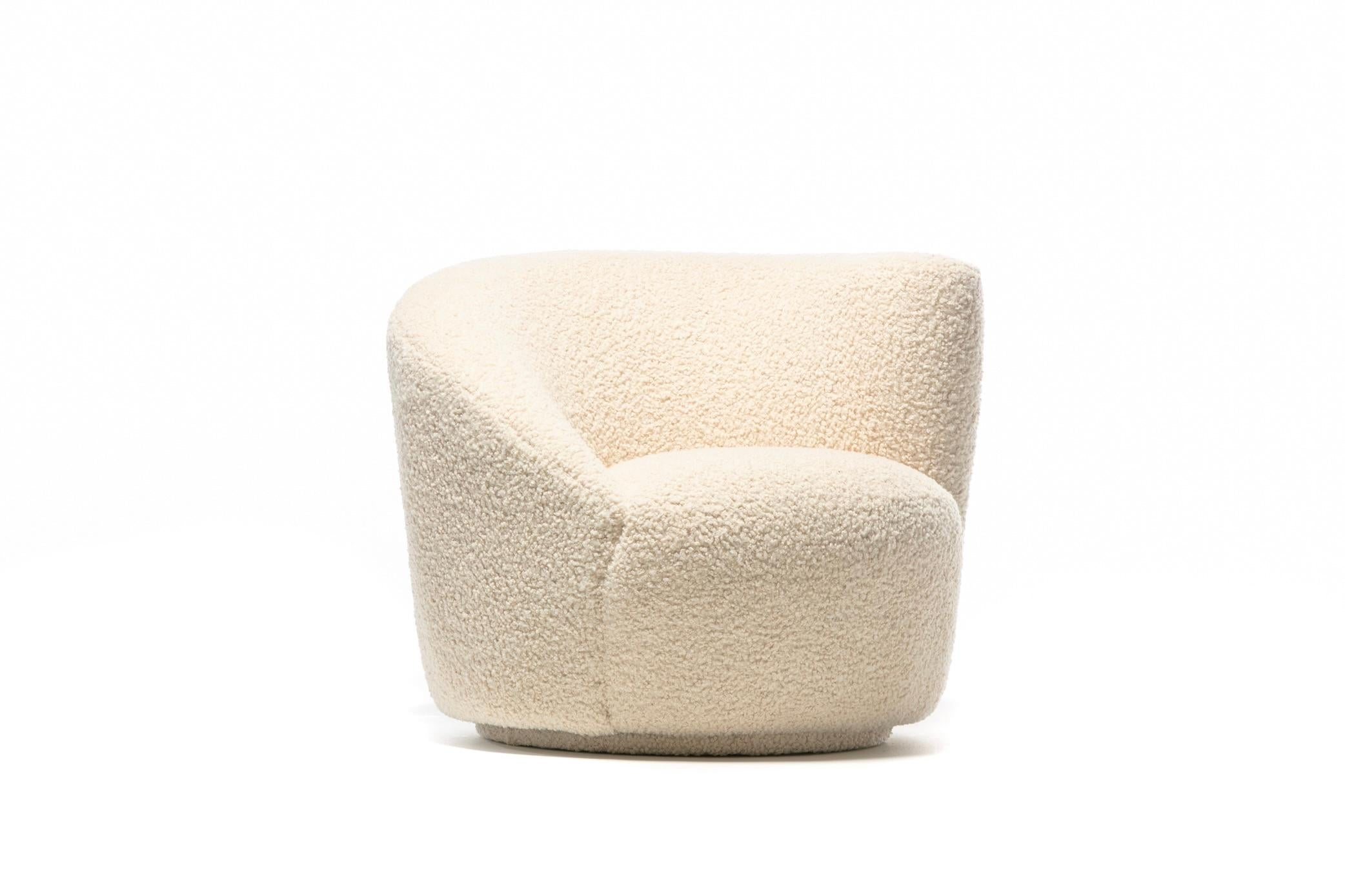 American Vladimir Kagan Nautilus Swivel Chair with En Suite Ottoman in Ivory Bouclé For Sale