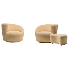 Vladimir Kagan Nautilus Swivel Chairs & Ottoman in Butterscotch Shearling