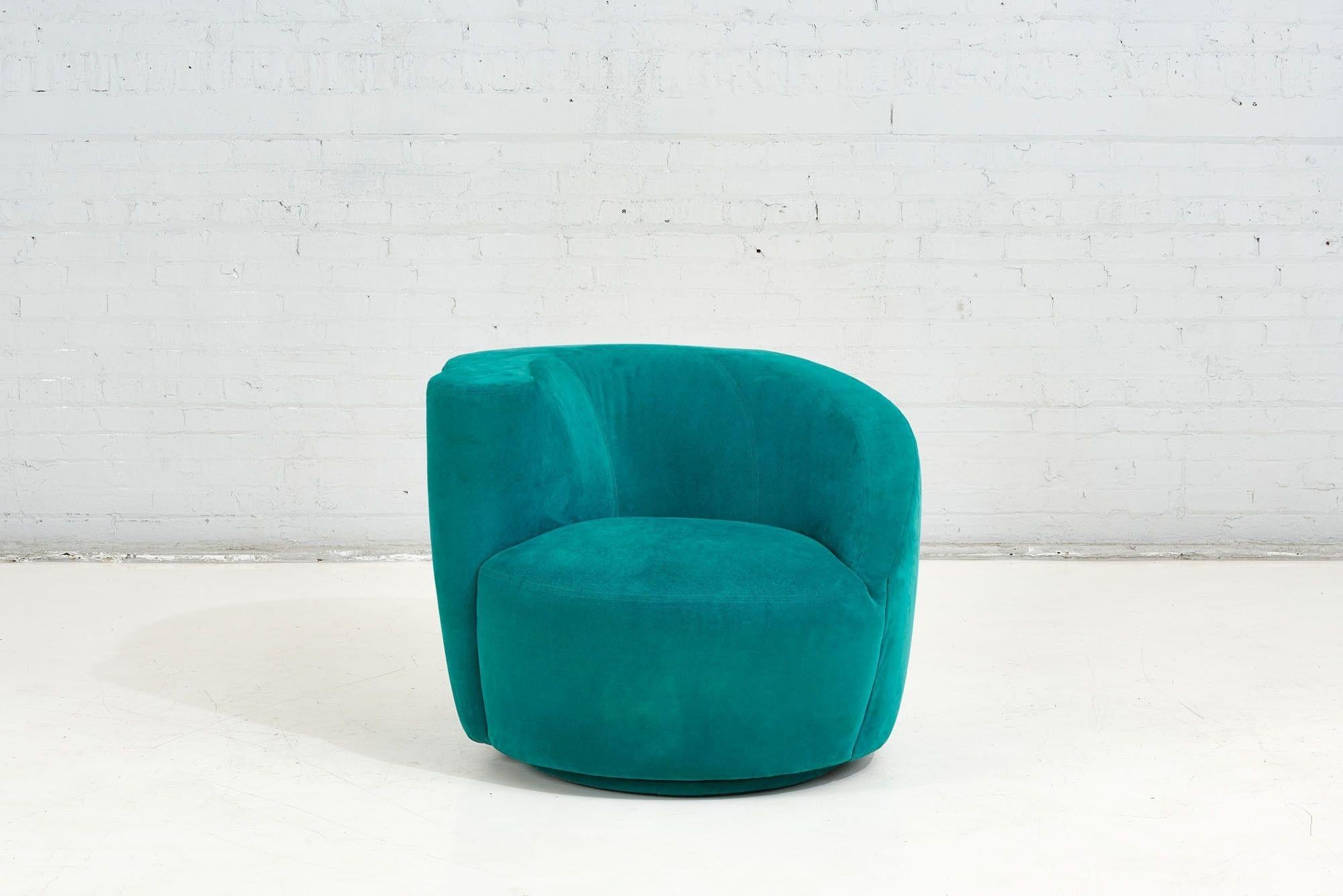 Vladimir Kagan Nautilus Corkscrew Swivel Lounge Chair, 1990.  Original Ultra suede fabric.  Purple Kagan corkscrew lounge chair sold in separate listing.