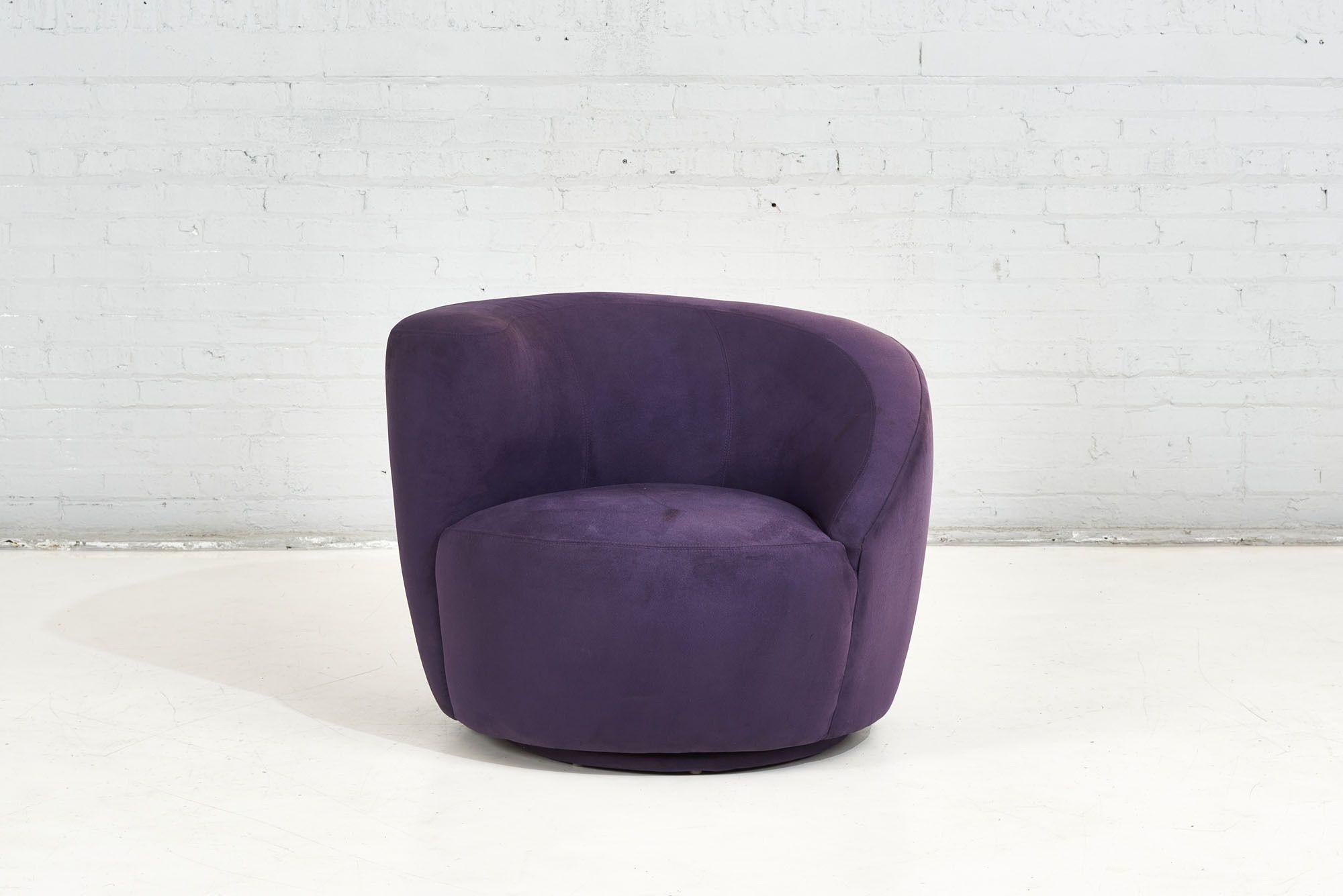 Vladimir Kagan Nautilus Corkscrew Swivel Lounge Chair, 1990.  Purple original ultrasuede fabric original.  Teal Kagan nautilus swivel chair sold in separate listing.  