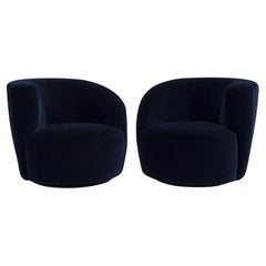 Vladimir Kagan Navy Blue Velvet Nautilus "Corkscrew" Chairs