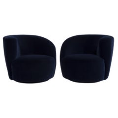 Vladimir Kagan Navy Blue Velvet Nautilus "Corkscrew" Swivel Club Chairs