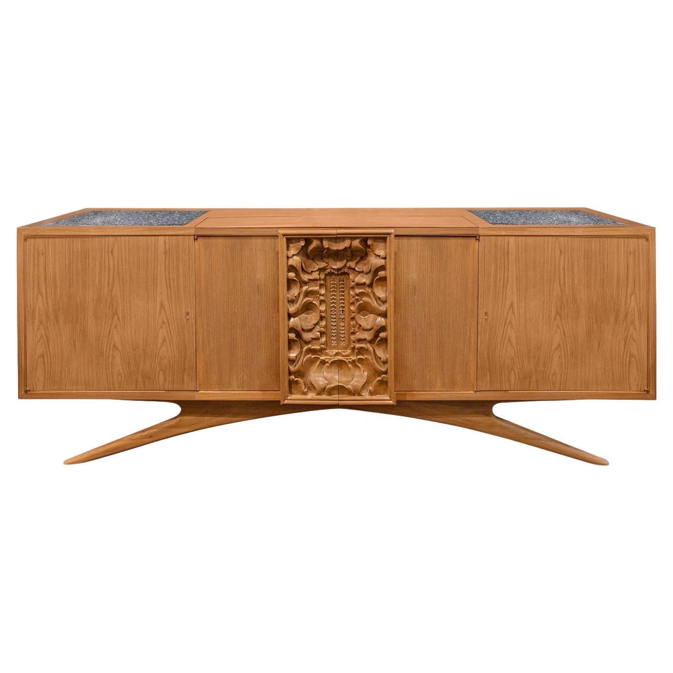 Vladimir Kagan One-of-a-Kind Credenza with Carved Center Panels 1940s (Signed) For Sale