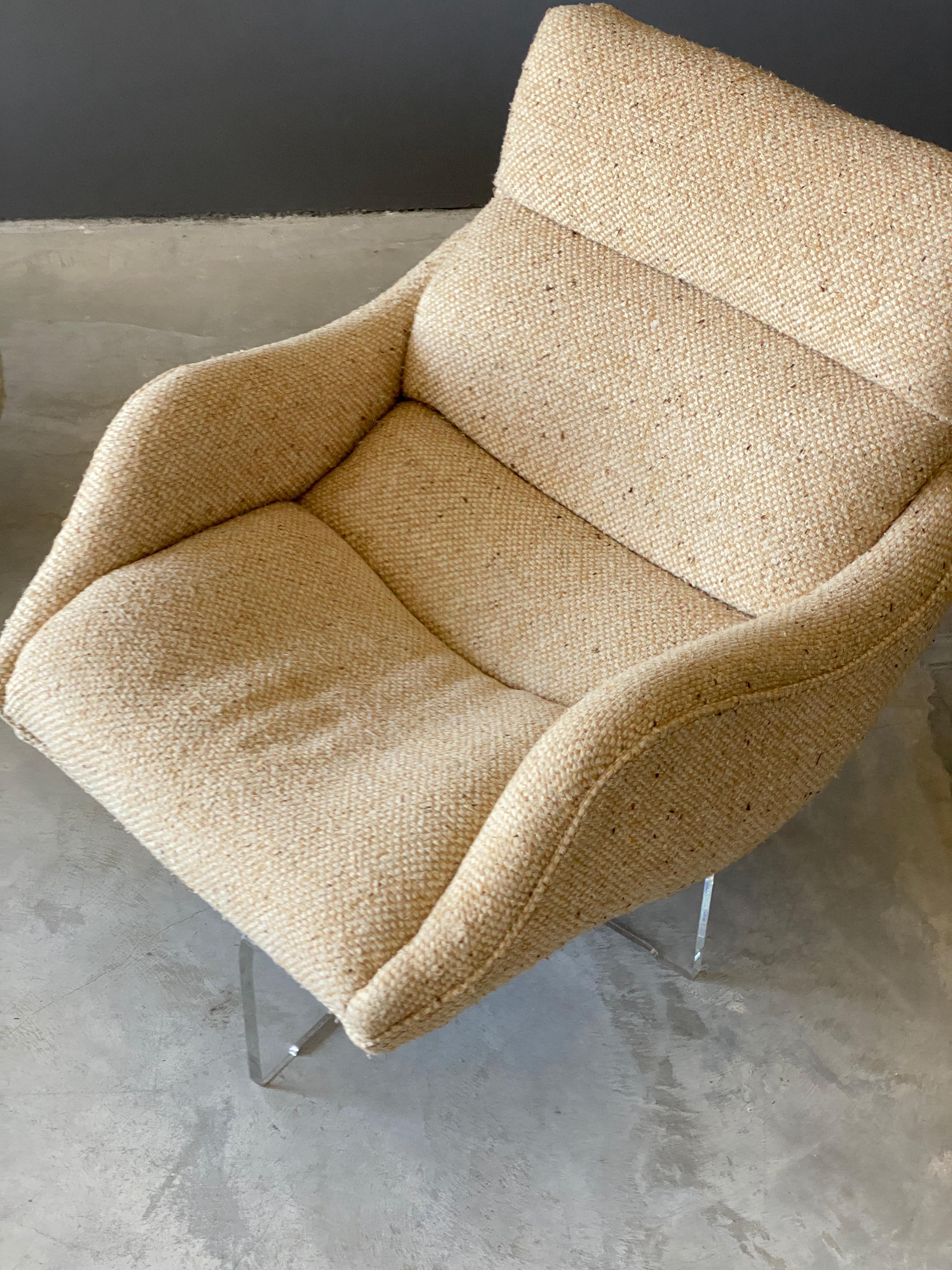 Mid-Century Modern Vladimir Kagan, Organic 'Cosmos' Lounge Chairs, Beige Fabric, Lucite, America