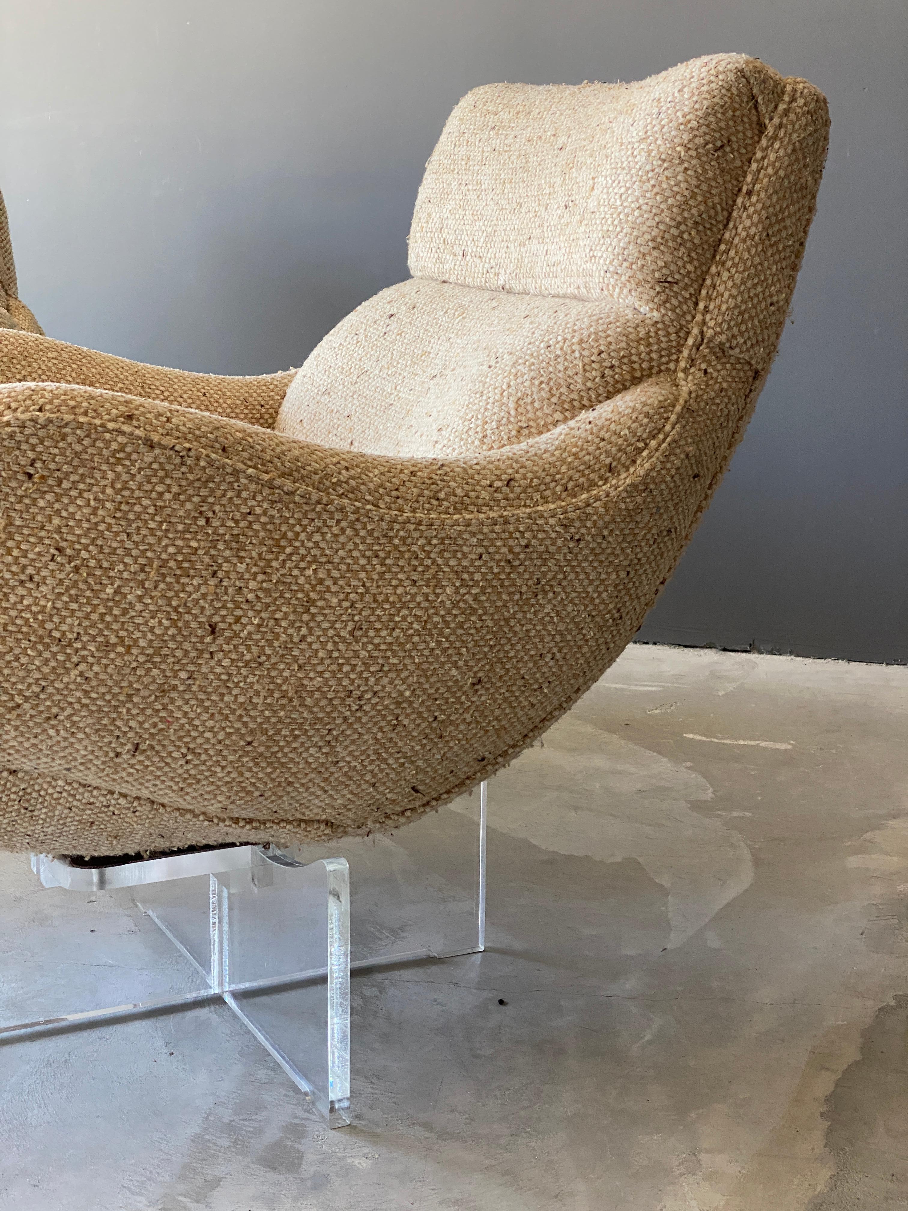 Vladimir Kagan, Organic 'Cosmos' Lounge Chairs, Beige Fabric, Lucite, America 1