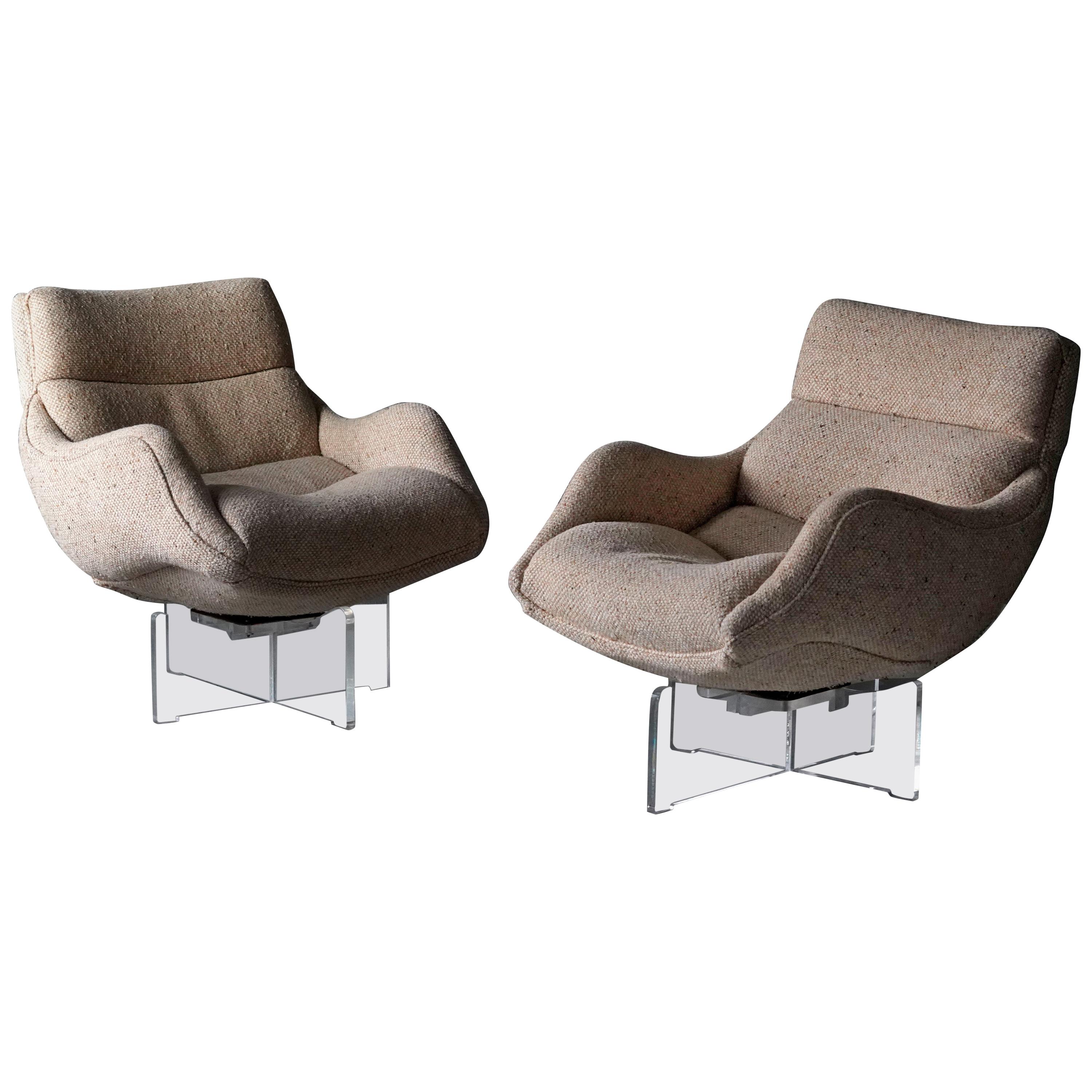Vladimir Kagan, Organic 'Cosmos' Lounge Chairs, Beige Fabric, Lucite, America