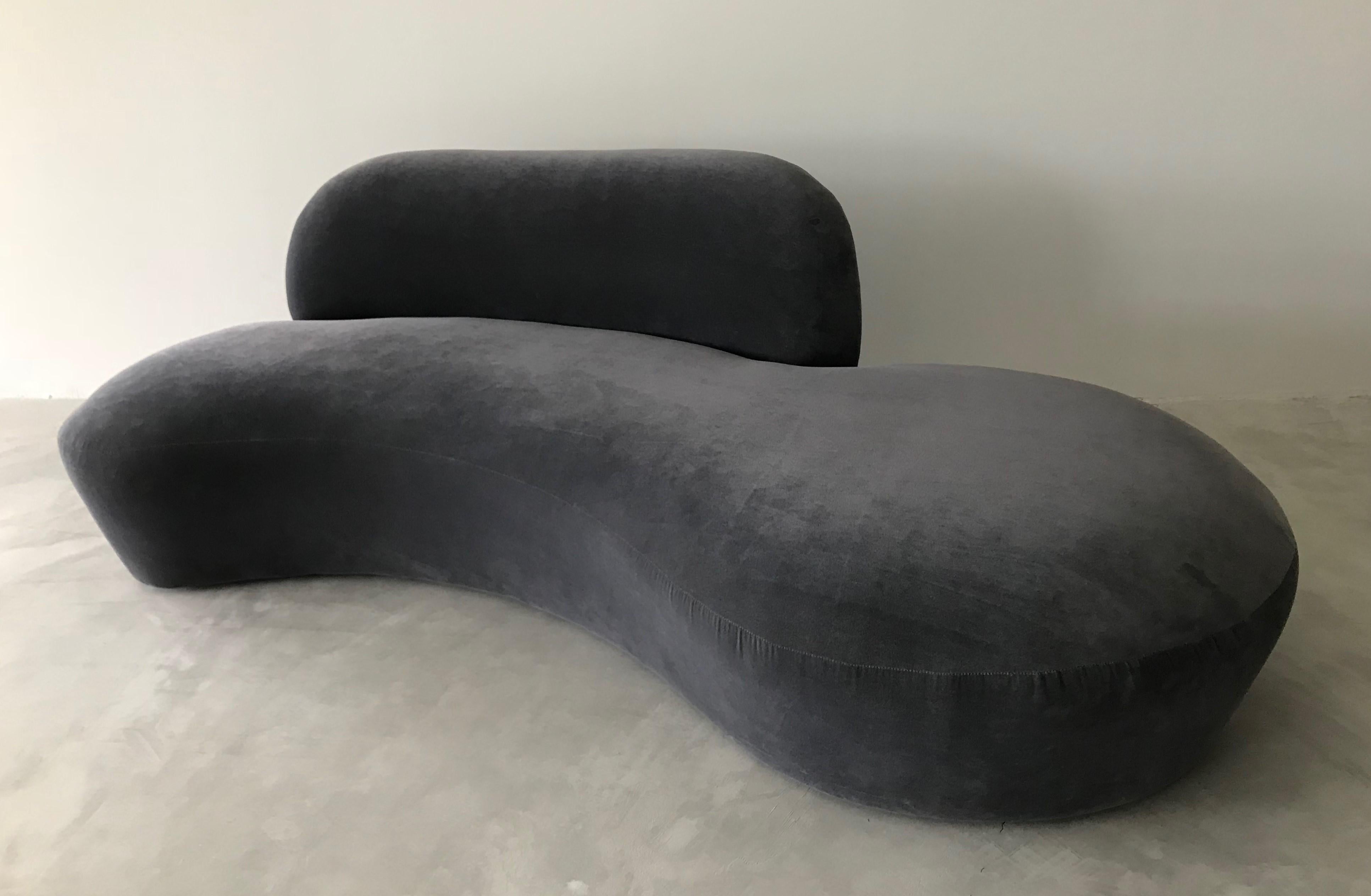 A Vladimir Kagan sofa in it's original dark grey velvet with a form referencing the early organic design movement. Comfortable backrest. Rare version executed in limited numbers for room and board.

Other American designers include: Paul Frankl,
