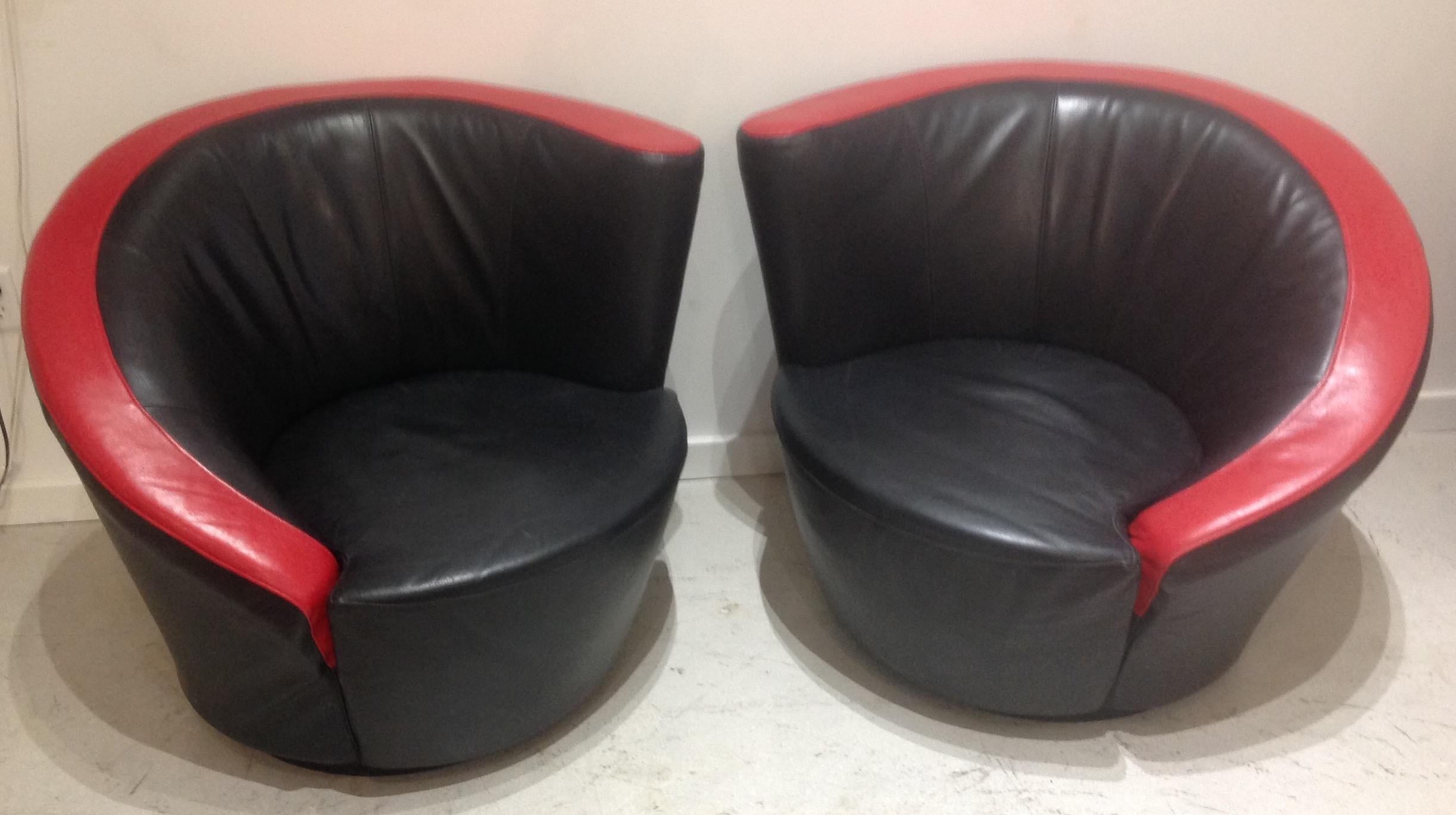 Vladimir Kagan Pair of Black and Red Leather Swivel Lounge Chairs For Sale 4