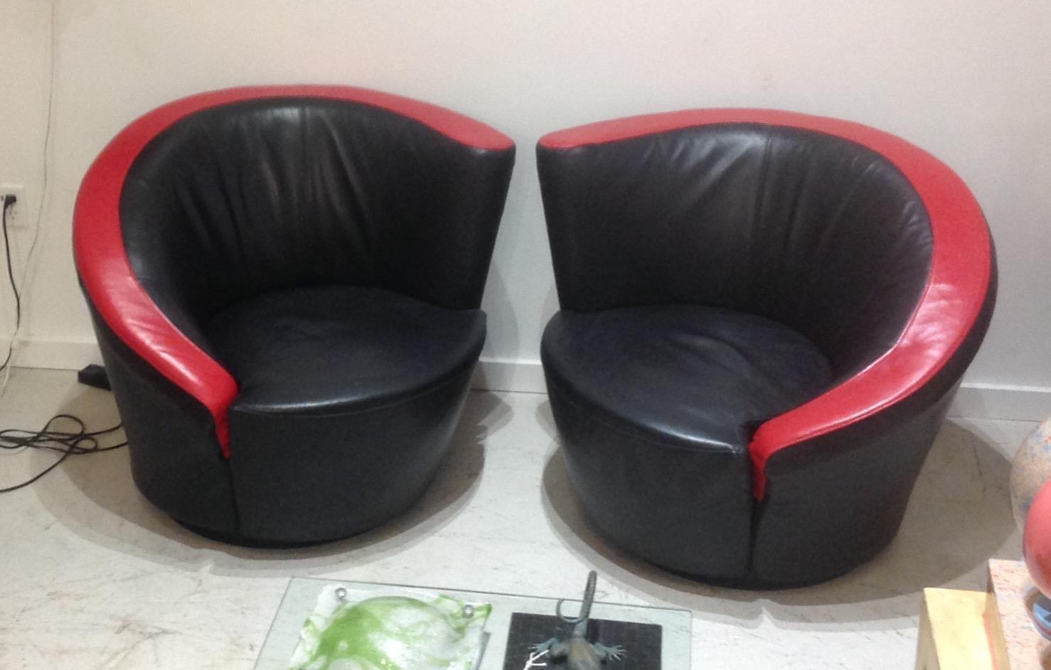 Great leather pair of Vladimir Kagan swivel lounge chairs.