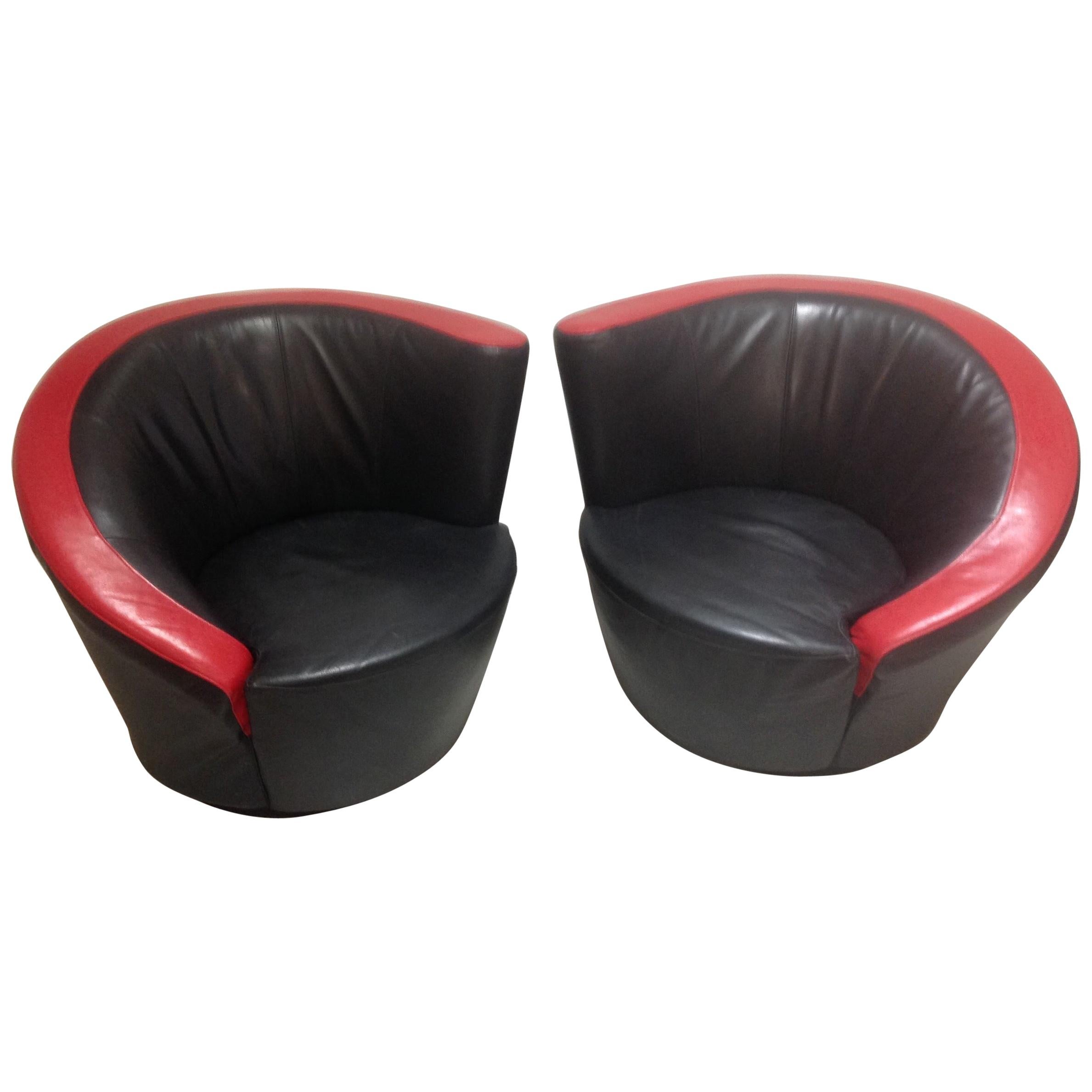Vladimir Kagan Pair of Black and Red Leather Swivel Lounge Chairs For Sale