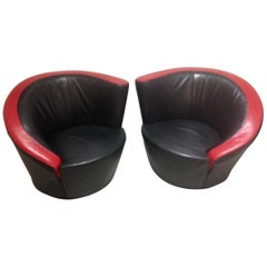 Vladimir Kagan Pair of Black and Red Leather Swivel Lounge Chairs