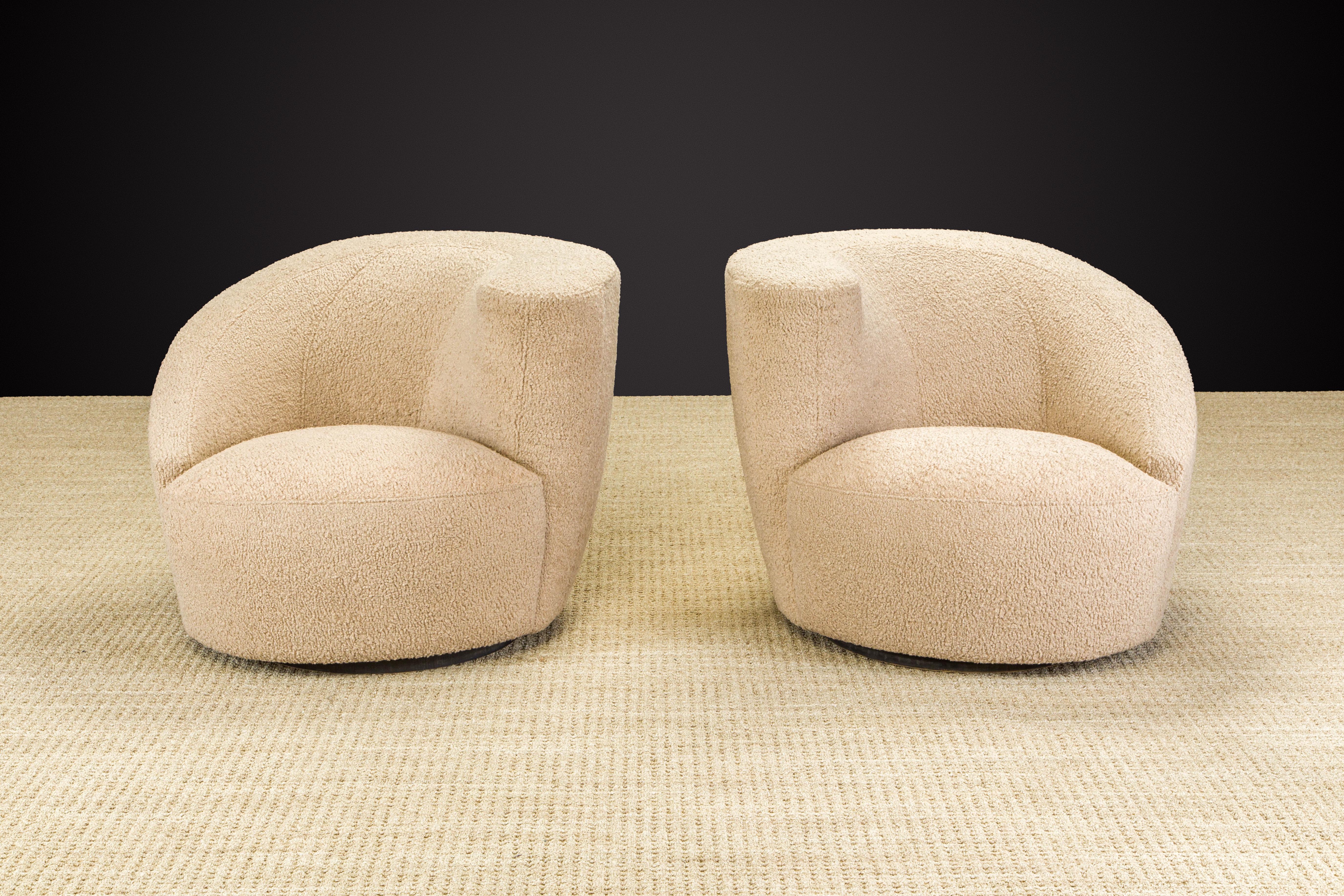 American Vladimir Kagan Pair of Corkscrew Swivel Chairs for Directional in Bouclé, Signed