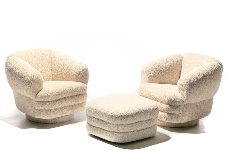 Vladimir Kagan Post Modern Ivory Bouclé Swivel Chairs & Ottoman for Directional For Sale 11