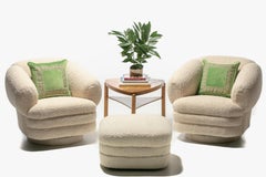 Vladimir Kagan Post Modern Ivory Bouclé Swivel Chairs & Ottoman for Directional