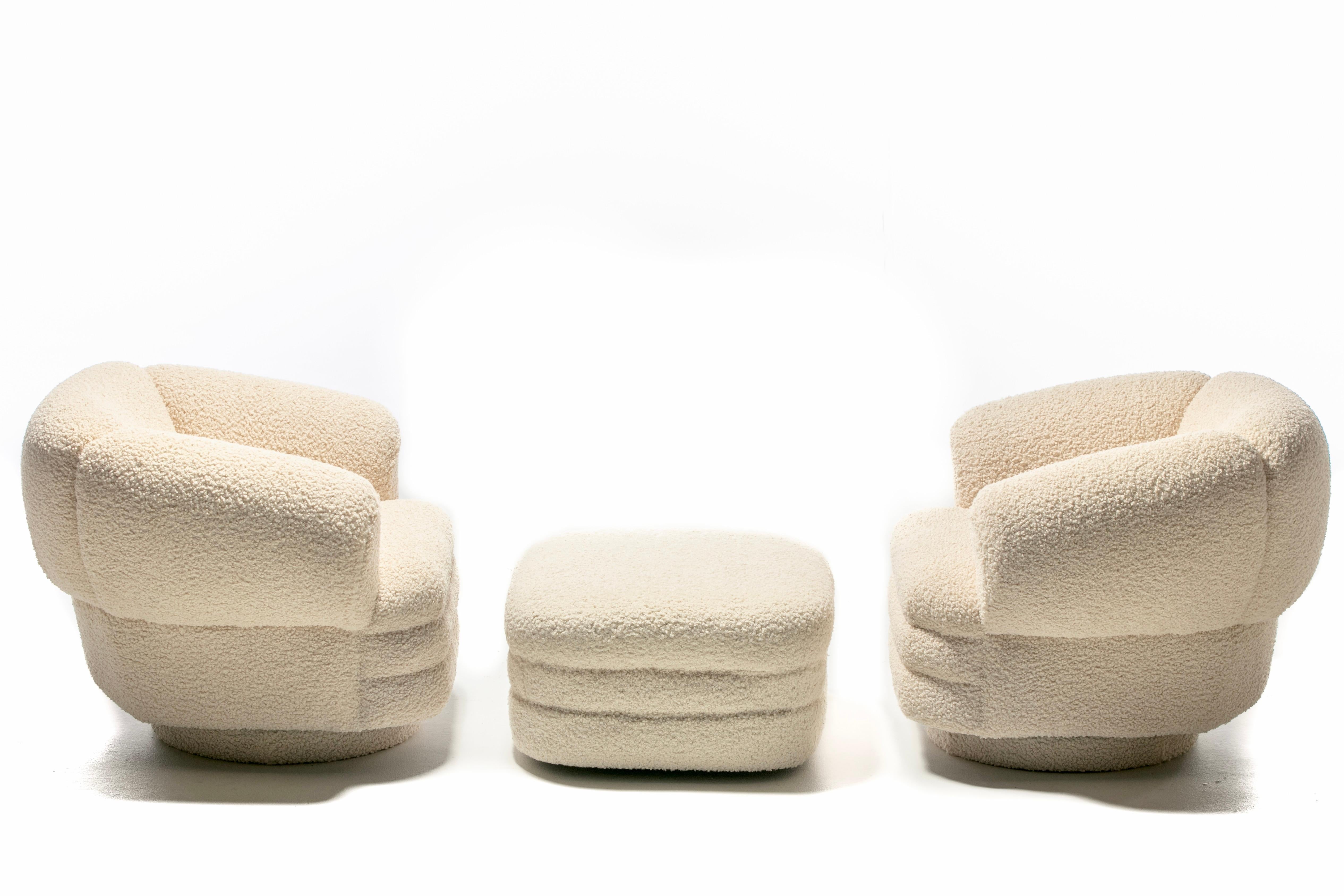 Post-Modern Vladimir Kagan Post Modern Ivory Bouclé Swivel Chairs & Ottoman for Directional