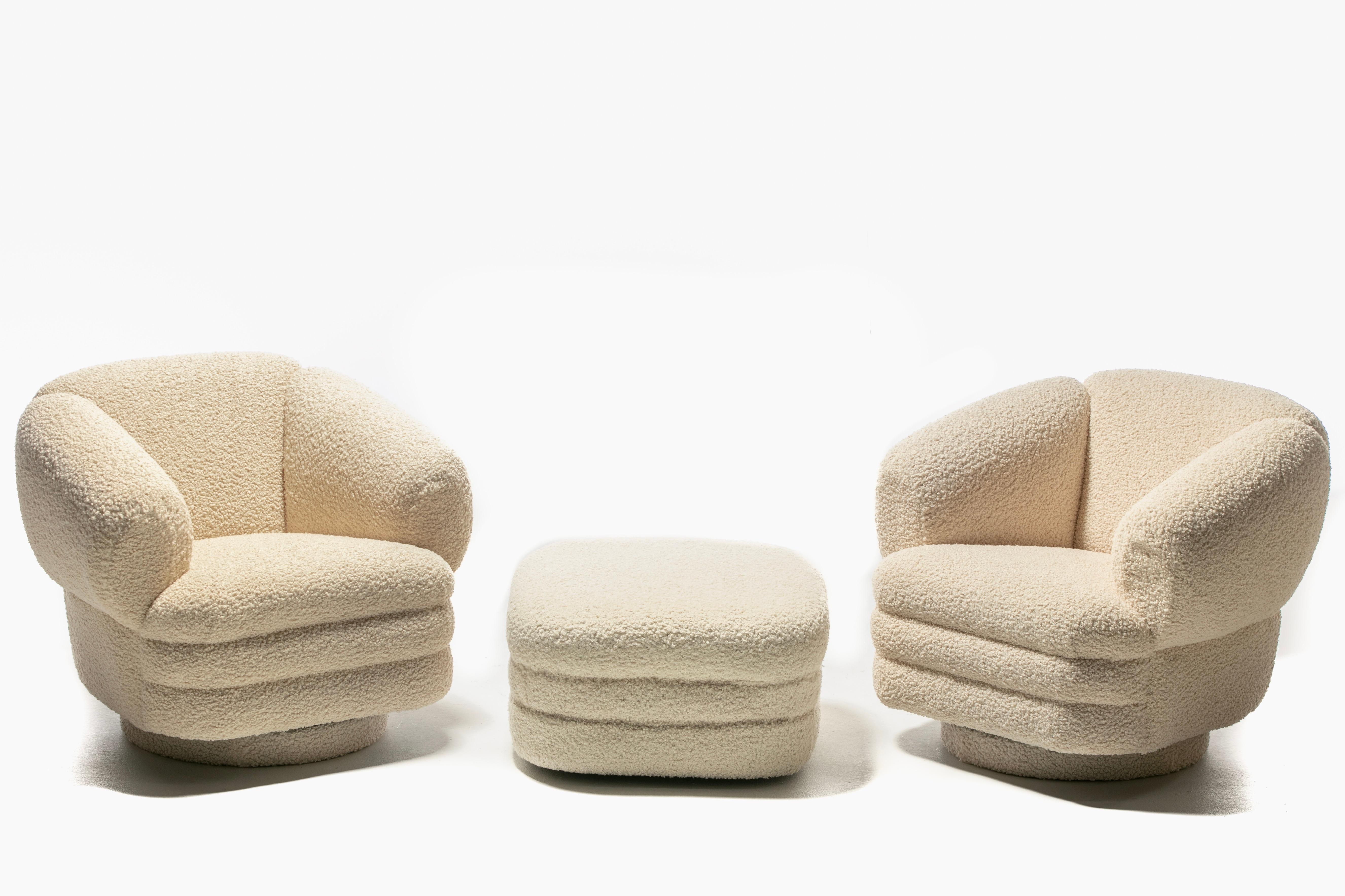 Upholstery Vladimir Kagan Post Modern Ivory Bouclé Swivel Chairs & Ottoman for Directional
