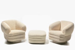 Vladimir Kagan Post Modern Ivory Bouclé Swivel Chairs & Ottoman for Directional