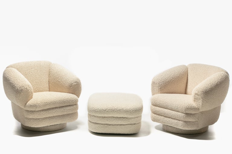 Vladimir Kagan Post Modern Ivory Bouclé Swivel Chairs & Ottoman for Directional For Sale