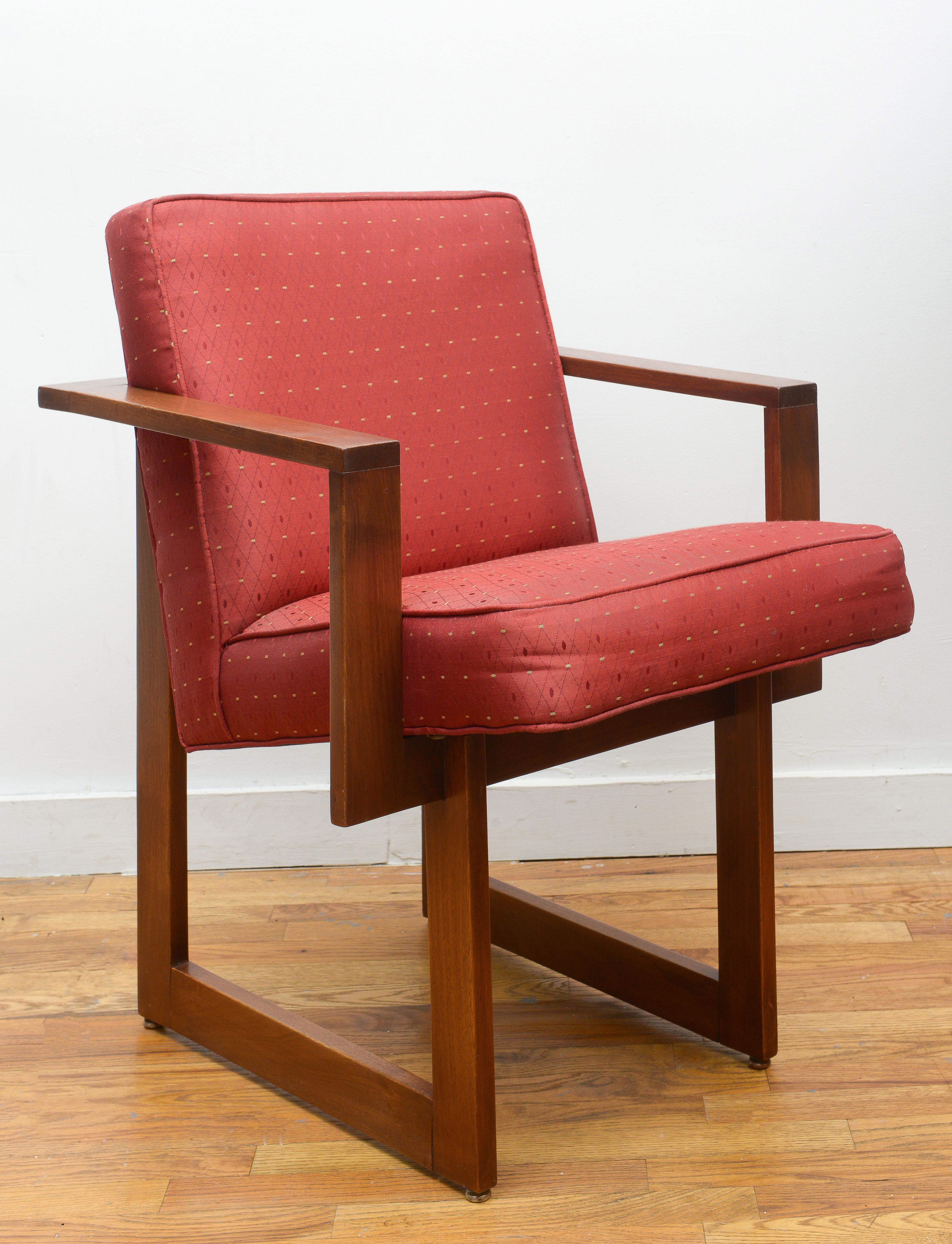 One beautiful and rare Vladimir Kagan “Cubist” armchair 1960s. The striking sculptural and sturdy frame is made out of solid Oak. This conversation starter chair is extremely comfortable and currently covered in light Persian Red fabric. A perfect
