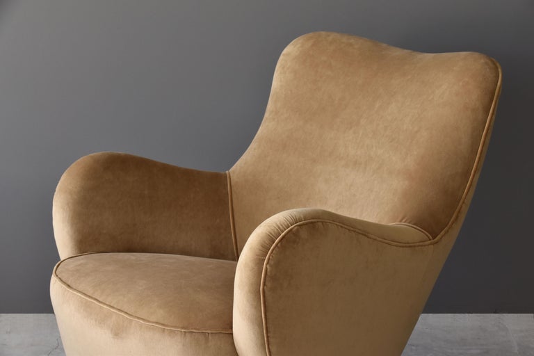 Vladimir Kagan Rare High Back Barrel Lounge Chair, Velvet, Walnut