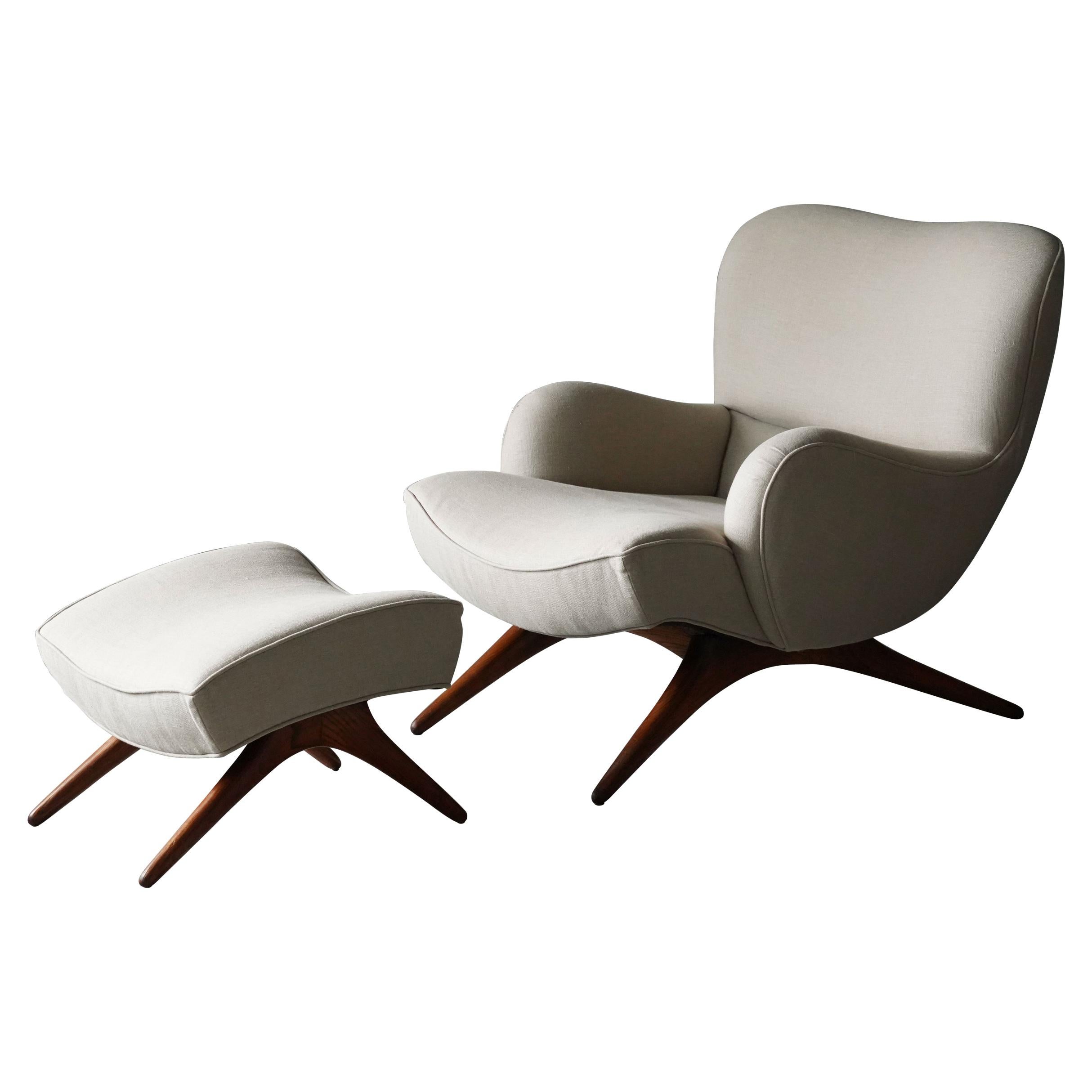 Vladimir Kagan, Rare Lounge Chair, Ash, Fabric, Kagan-Dreyfuss, Inc, c. 1950