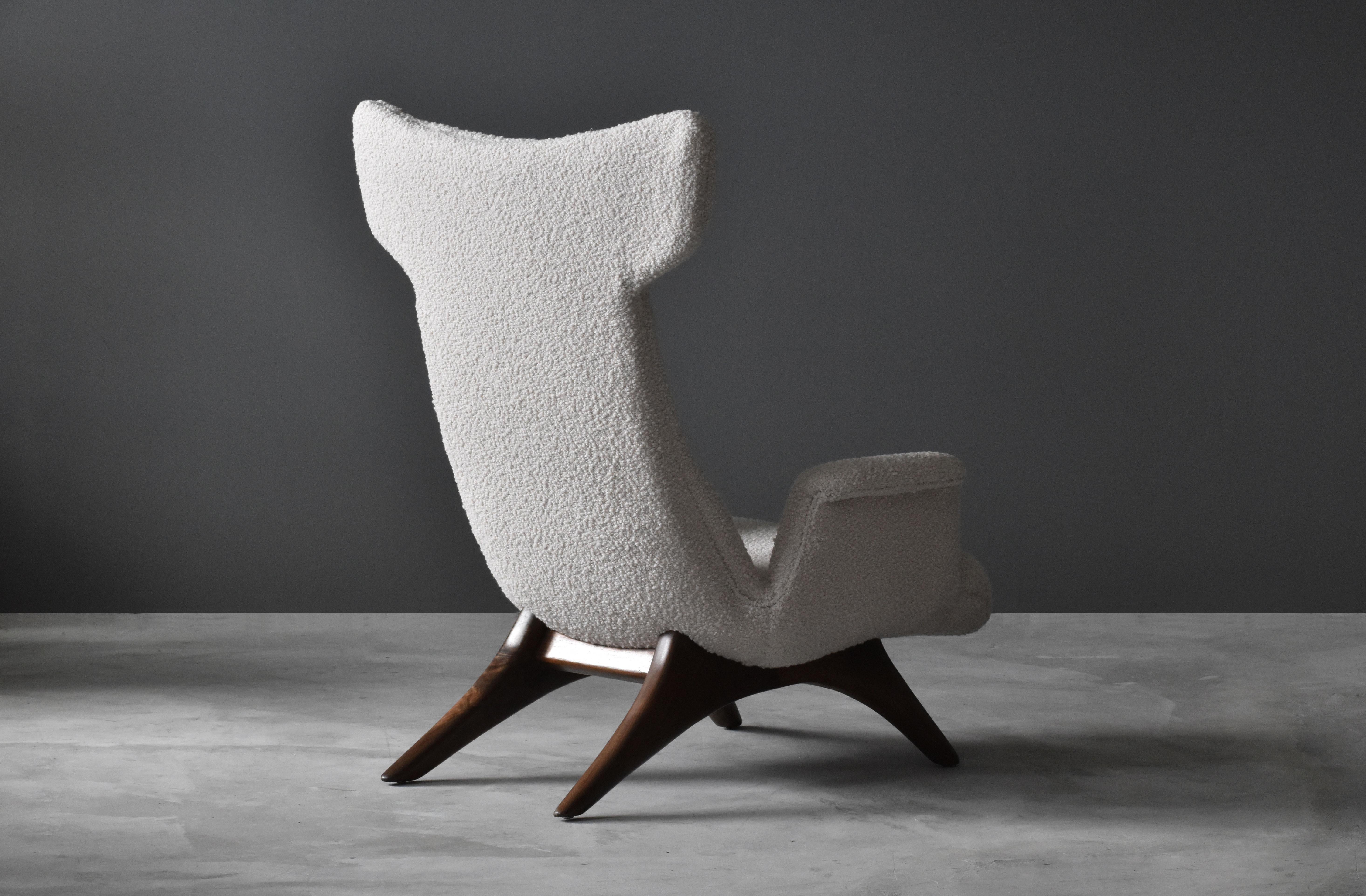 Mid-Century Modern Vladimir Kagan, Rare Organic Wingback Lounge Chair, Walnut, Bouclé, America