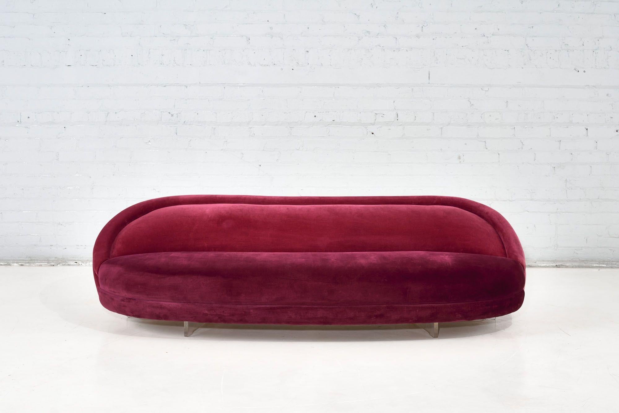 Vladimir Kagan rasberry silk velvet sofa/settee with lucite legs. Original upholstery.