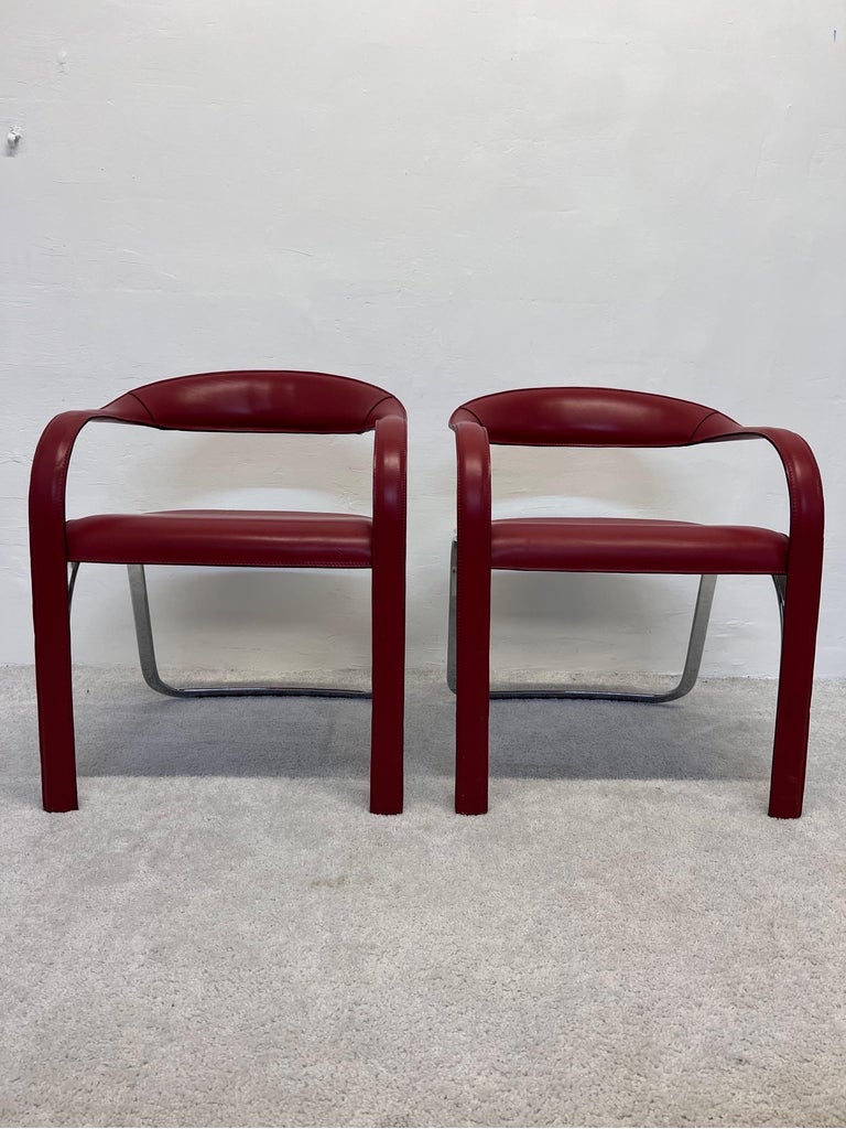 Contemporary Vladimir Kagan Red Leather and Chrome Fettuccini Lounge Chairs for Fasem, a Pair