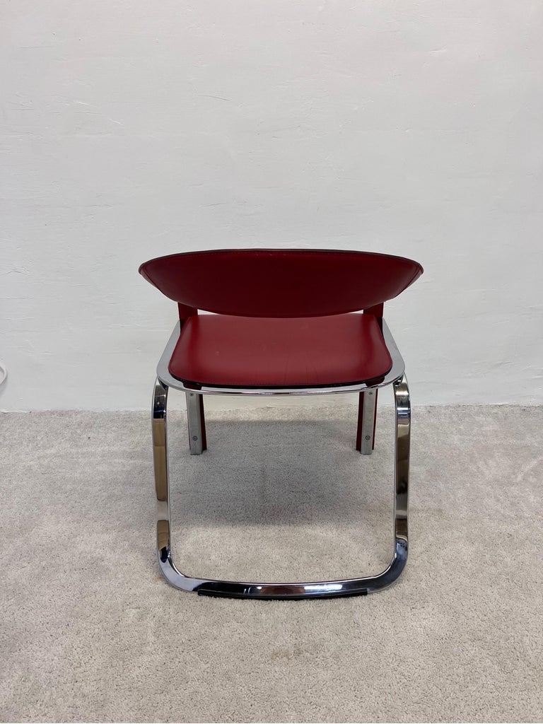 Vladimir Kagan Red Leather and Chrome Fettuccini Lounge Chairs for Fasem, a Pair 1