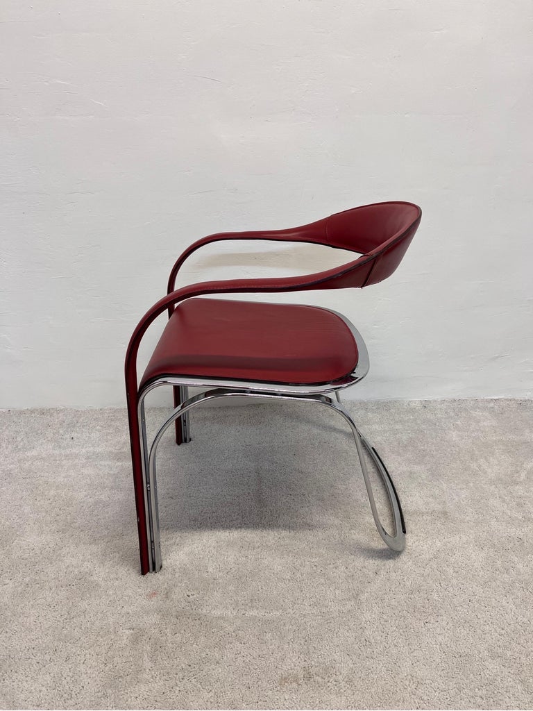 Vladimir Kagan Red Leather and Chrome Fettuccini Lounge Chairs for Fasem, a Pair 2