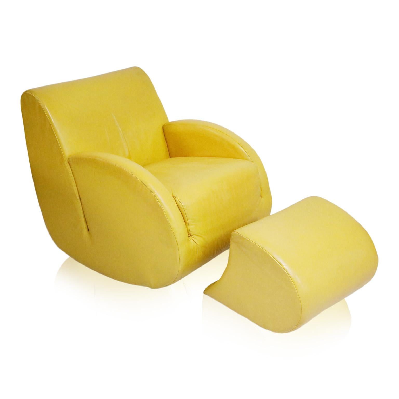 This sunflower yellow leather rocking armchair and ottoman is by Vladimir Kagan for the Kagan Collection, by American Leather. Designed in 1997 and called the 'Rock Star' lounge chair due to its rocking chair abilities cleverly disguised underneath